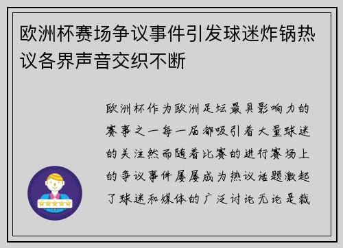 欧洲杯赛场争议事件引发球迷炸锅热议各界声音交织不断