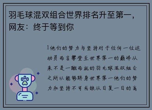羽毛球混双组合世界排名升至第一，网友：终于等到你