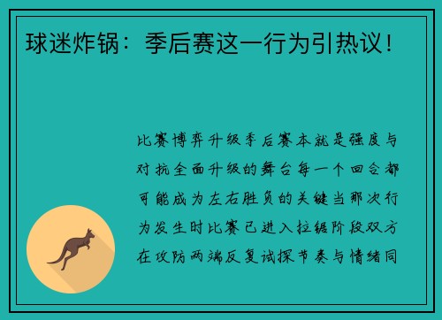 球迷炸锅：季后赛这一行为引热议！